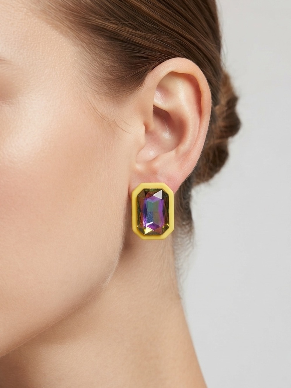 Neon Yellow Geometric Stud Earrings | Iridescent AB Crystal Statement Studs